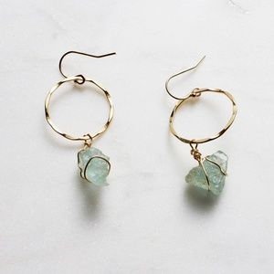 Gold Fill Hammered Rings & Hanging Wire Wrapped Raw Aquamarine Earrings